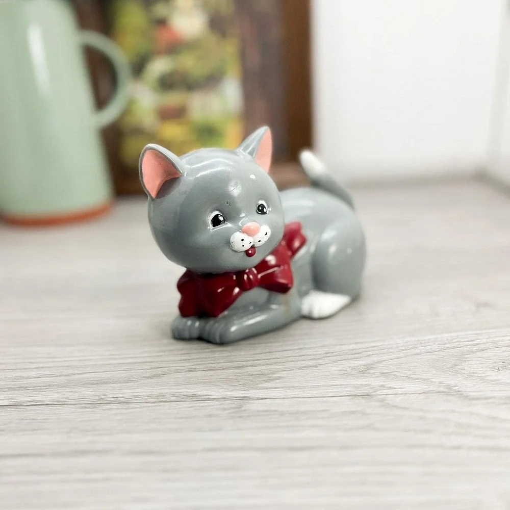 Vintage Gray‎ Porcelain Cat Figure with Red Bow